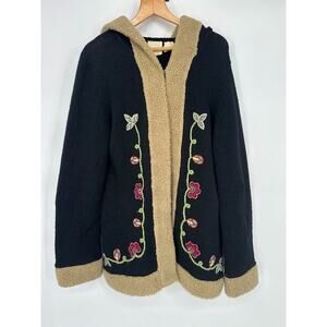 VTG Next Era Cardigan Long Sweater Women Large Wool Boho Sherpa Trim Embroidered